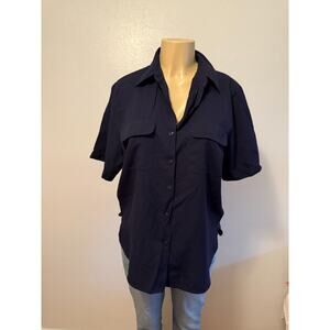 Apparenza womens L dark blue button up short sleeve shirt